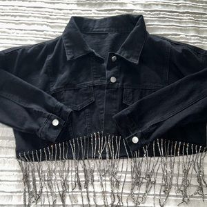 Black cropped jean jacket with western flair silver diamonds fringe